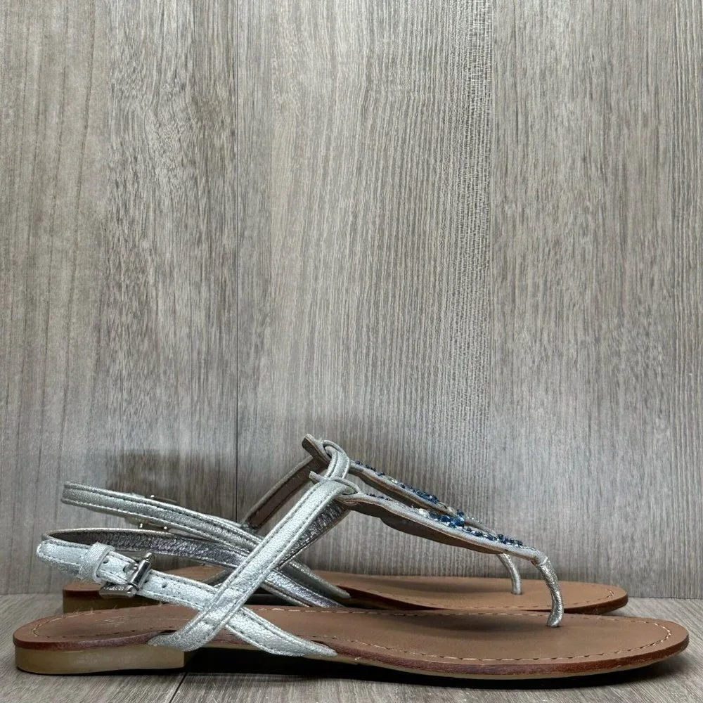 Coach Sandals Womens 7B Olga Embellished T-Strap Slingback Flats Leather Silver